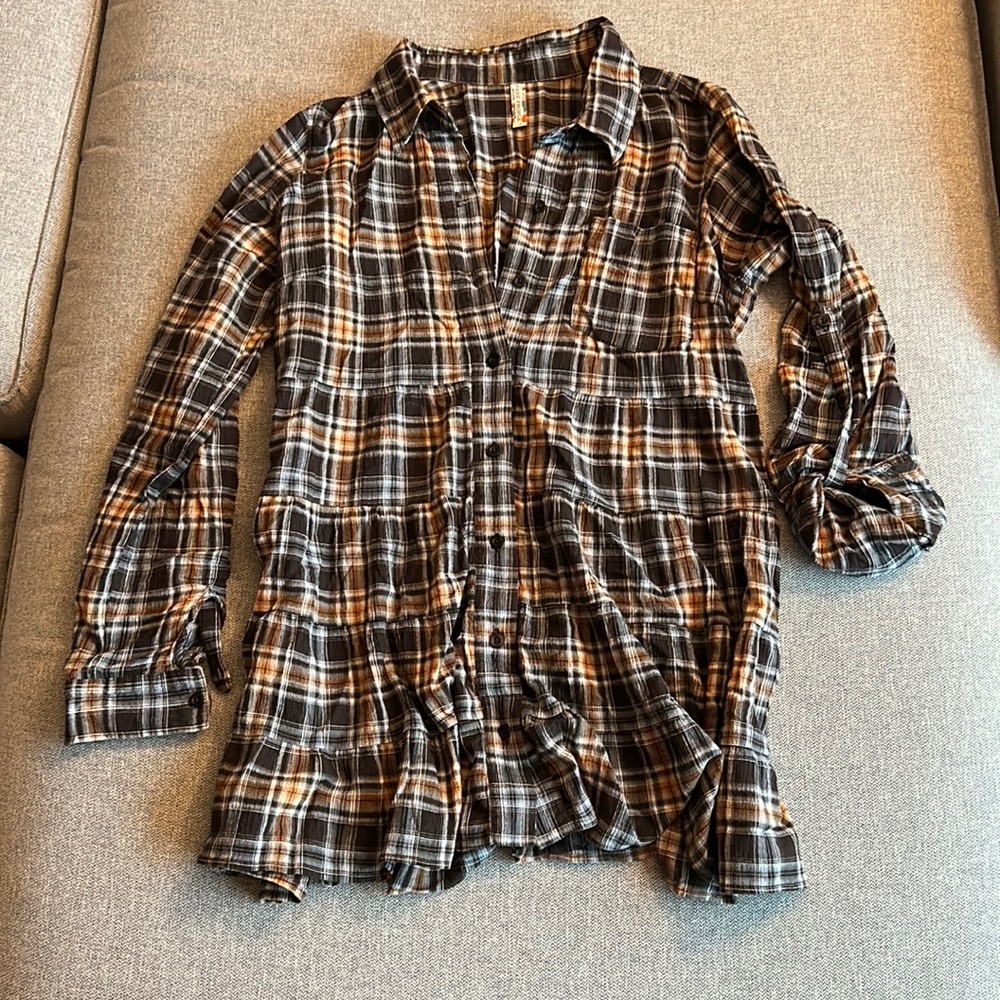 Free People Black and Orange Plaid Button Down Shirt